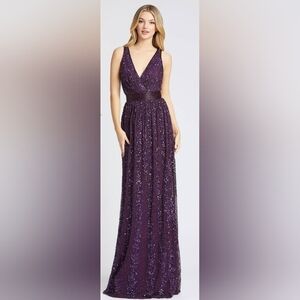 Mac Duggal 4770 Sequin V-Neck Beaded Column Gown NWT Sz 0 Aubergine/Purple
